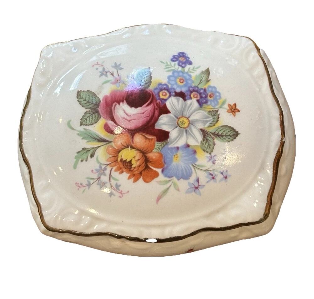 Vtg James Kent Old Foley Staffordshire England Floral Lidded Trinket Box Vanity